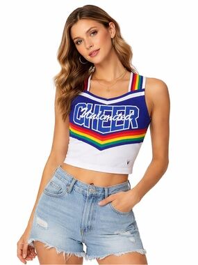 🌈 Vintage Cheerleader Top Rainbow Stripe Pride Y2K Varsity Crop Festival XS/Sm